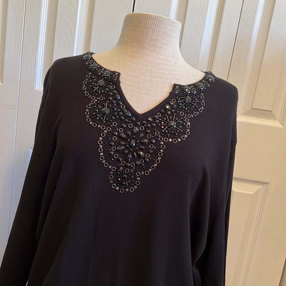 Black Alfred Dunner Beaded Sweater with Three Quarter Length Sleeve Size 2X